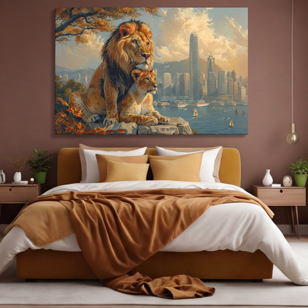 Tablou Canvas Premium, LuxCanva® M1389, Impreuna in Lumea Noua, Oras, Modern, Cladiri, Dualitate, Natura, Lei, Animale, Pereche, Arbori, Uniune, Birou, Living, Camera Copil