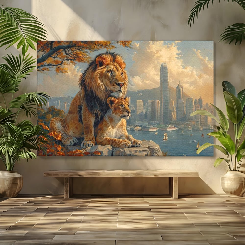 Tablou Canvas Premium, LuxCanva® M1389, Impreuna in Lumea Noua, Oras, Modern, Cladiri, Dualitate, Natura, Lei, Animale, Pereche, Arbori, Uniune, Birou, Living, Camera Copil