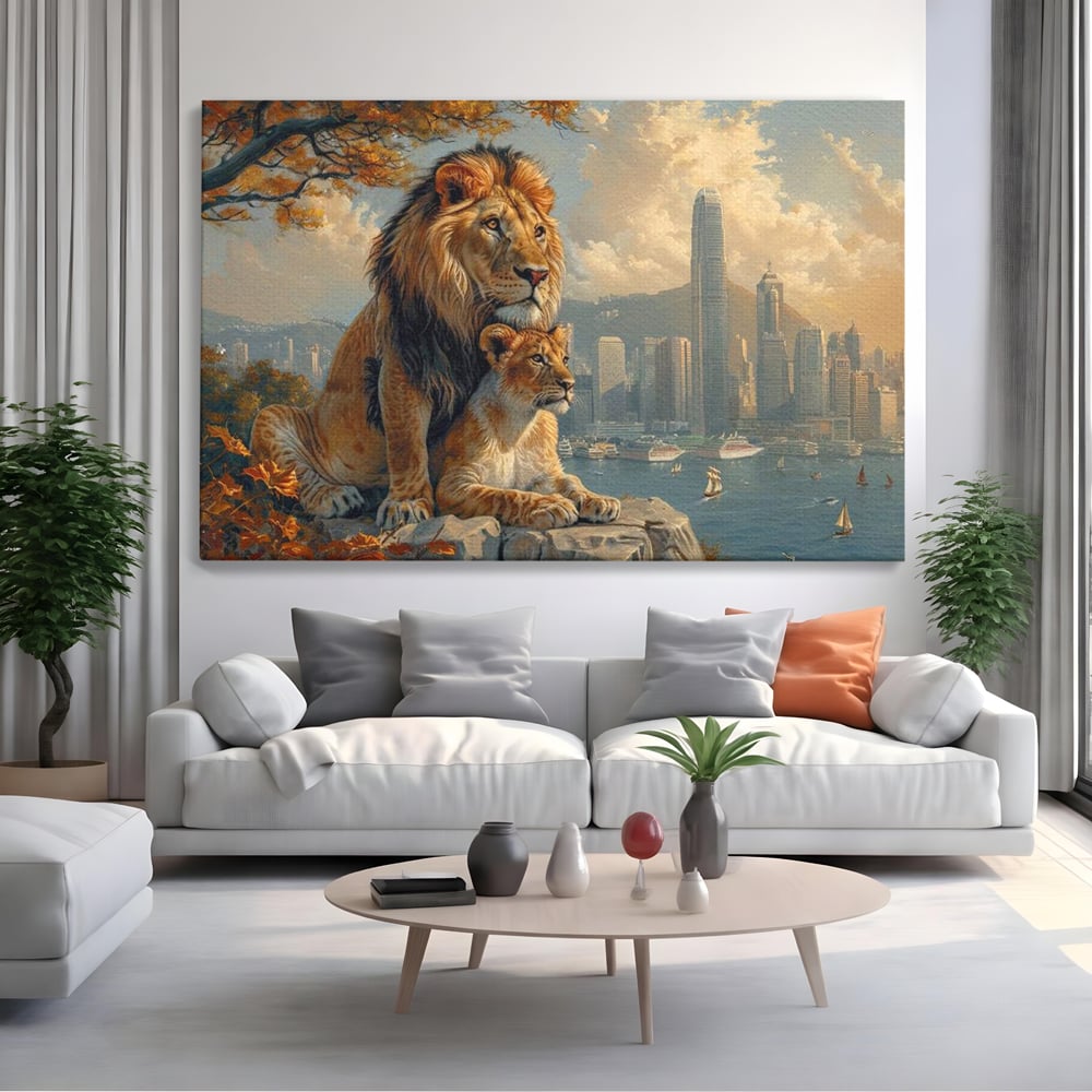 Tablou Canvas Premium, LuxCanva® M1389, Impreuna in Lumea Noua, Oras, Modern, Cladiri, Dualitate, Natura, Lei, Animale, Pereche, Arbori, Uniune, Birou, Living, Camera Copil