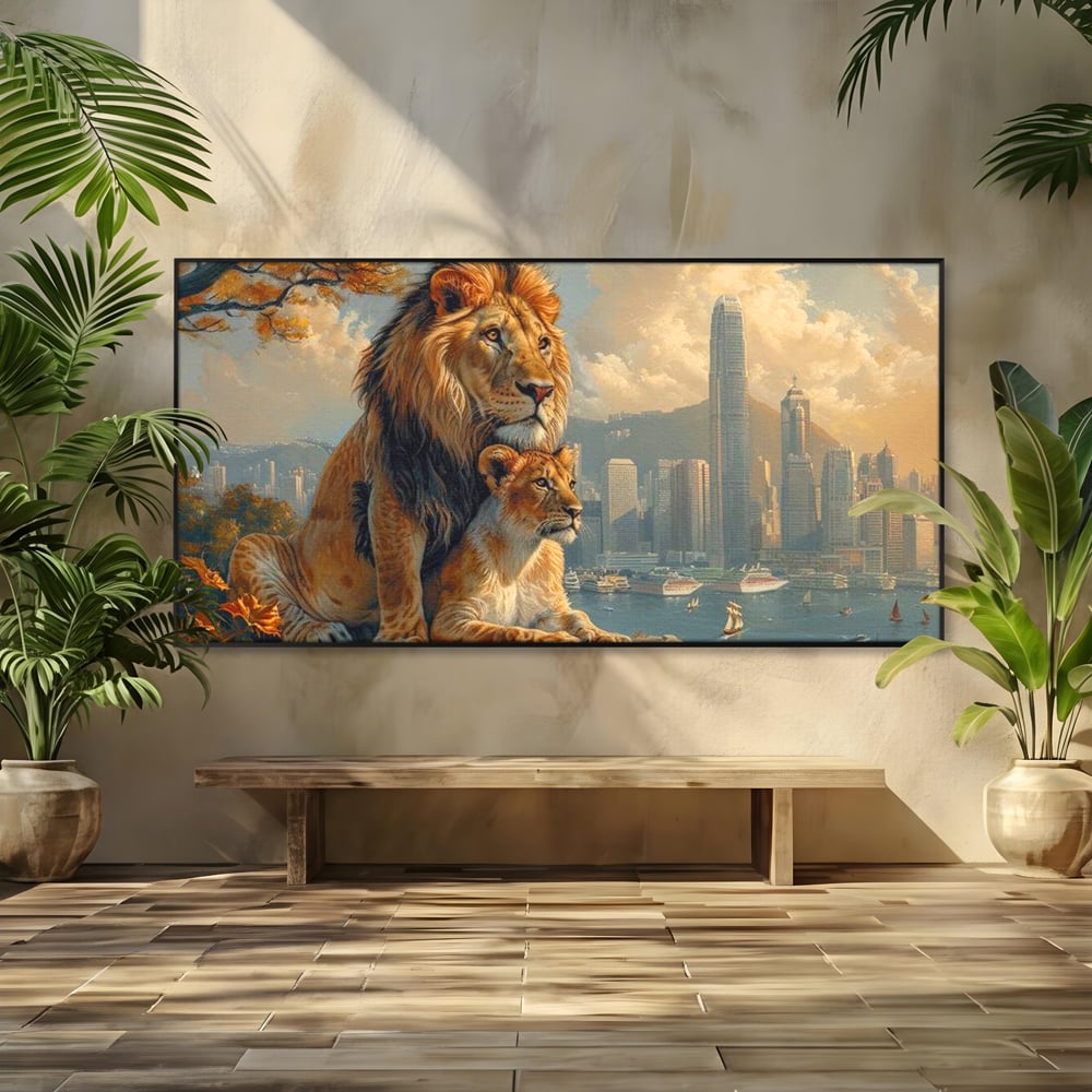 Tablou Canvas Premium, LuxCanva® M1389, Impreuna in Lumea Noua, Oras, Modern, Cladiri, Dualitate, Natura, Lei, Animale, Pereche, Arbori, Uniune, Birou, Living, Camera Copil