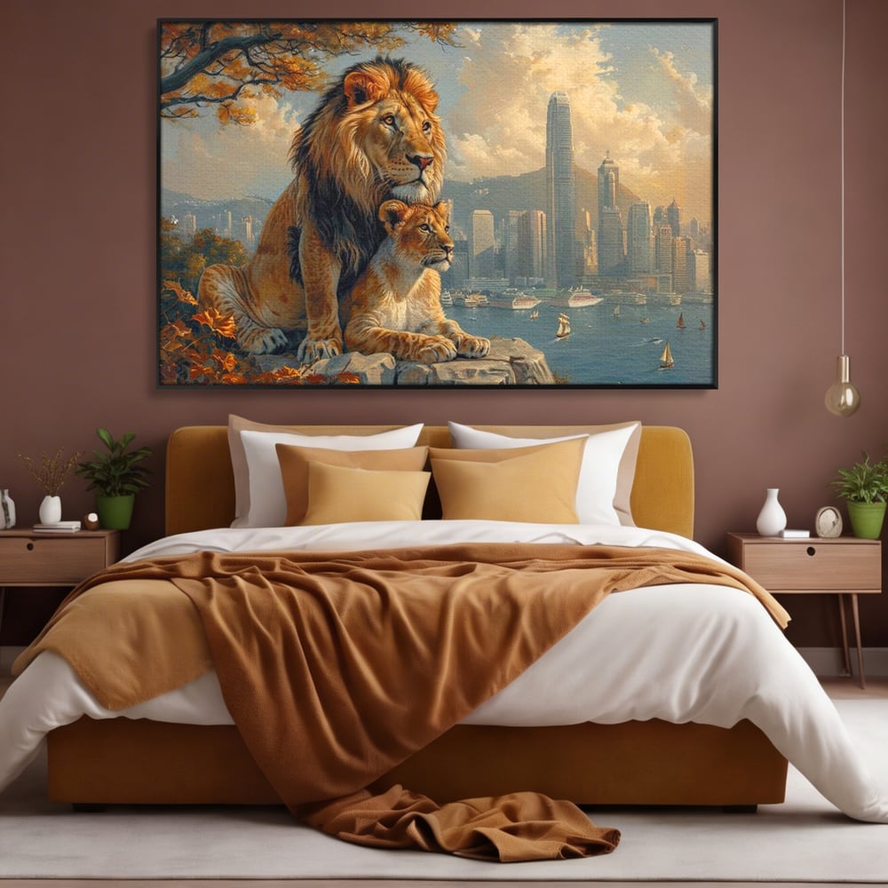 Tablou Canvas Premium, LuxCanva® M1389, Impreuna in Lumea Noua, Oras, Modern, Cladiri, Dualitate, Natura, Lei, Animale, Pereche, Arbori, Uniune, Birou, Living, Camera Copil
