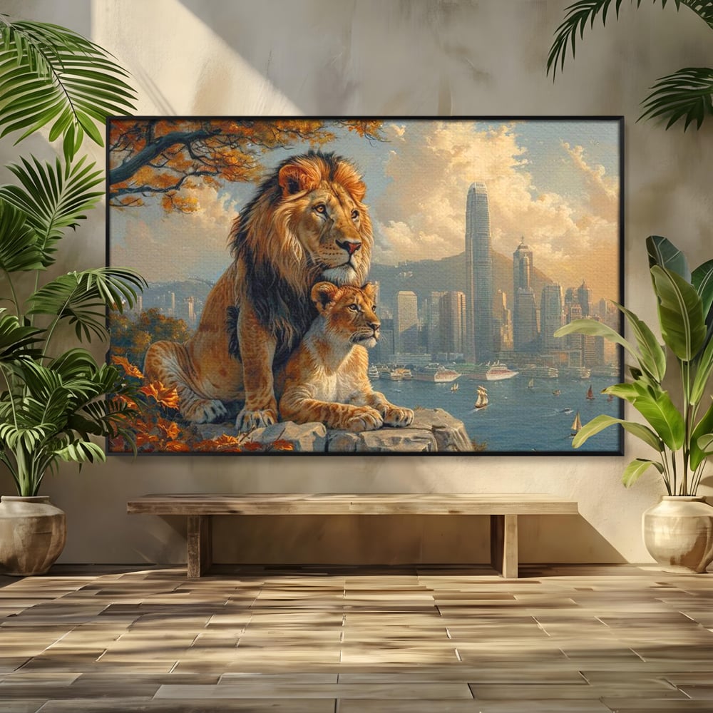 Tablou Canvas Premium, LuxCanva® M1389, Impreuna in Lumea Noua, Oras, Modern, Cladiri, Dualitate, Natura, Lei, Animale, Pereche, Arbori, Uniune, Birou, Living, Camera Copil