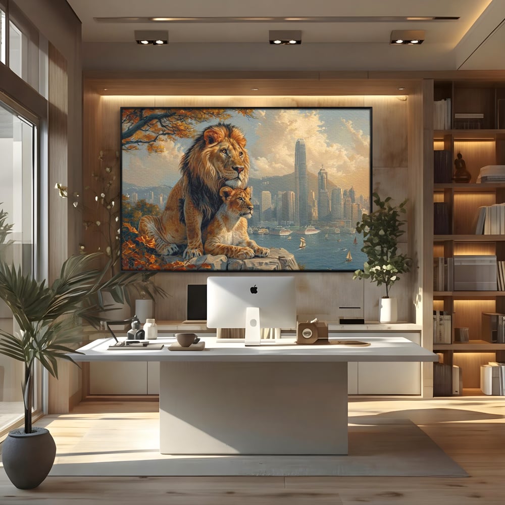 Tablou Canvas Premium, LuxCanva® M1389, Impreuna in Lumea Noua, Oras, Modern, Cladiri, Dualitate, Natura, Lei, Animale, Pereche, Arbori, Uniune, Birou, Living, Camera Copil