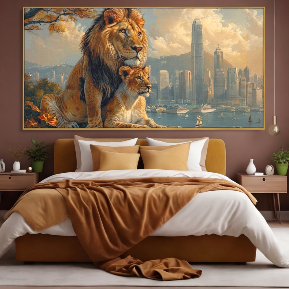 Tablou Canvas Premium, LuxCanva® M1389, Impreuna in Lumea Noua, Oras, Modern, Cladiri, Dualitate, Natura, Lei, Animale, Pereche, Arbori, Uniune, Birou, Living, Camera Copil