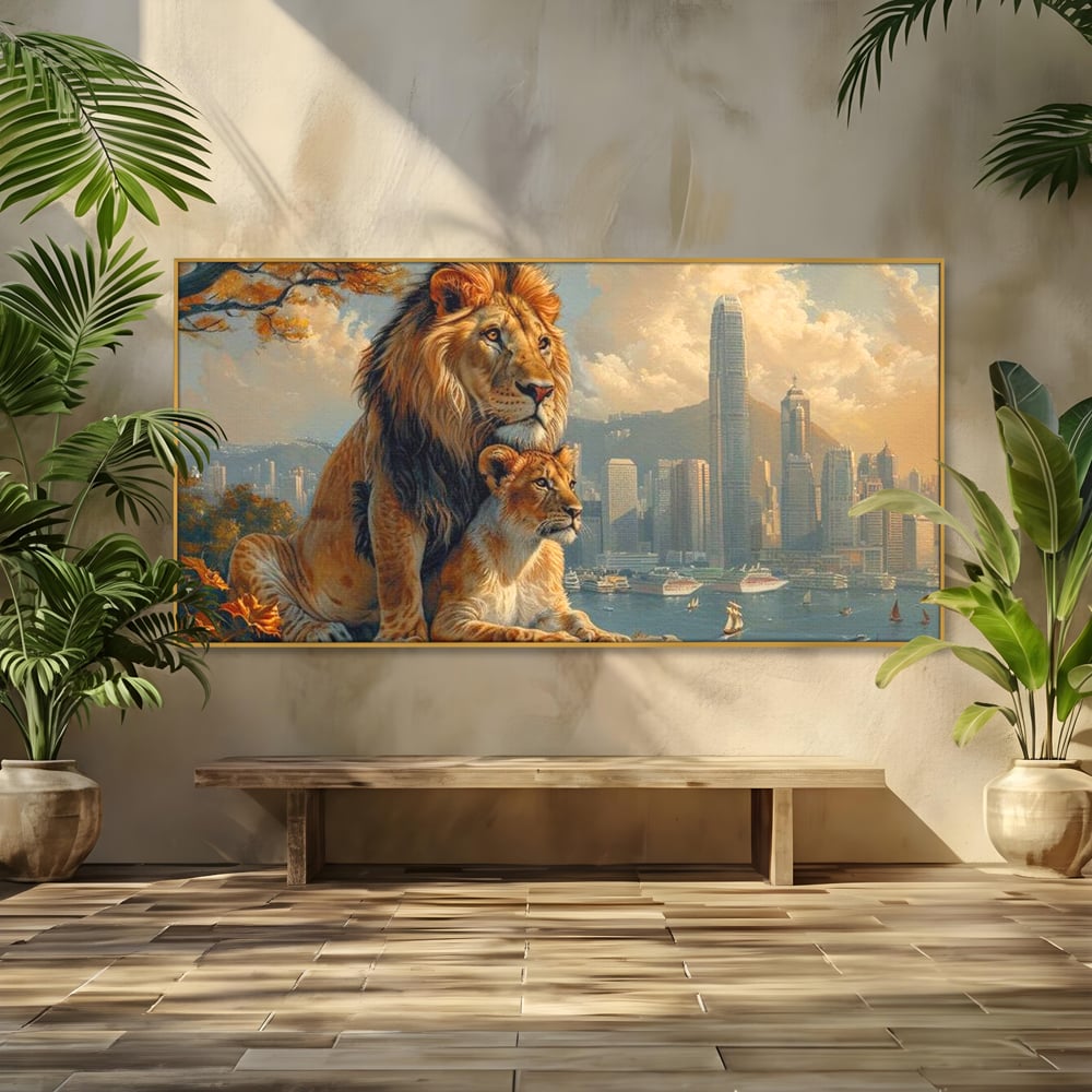 Tablou Canvas Premium, LuxCanva® M1389, Impreuna in Lumea Noua, Oras, Modern, Cladiri, Dualitate, Natura, Lei, Animale, Pereche, Arbori, Uniune, Birou, Living, Camera Copil