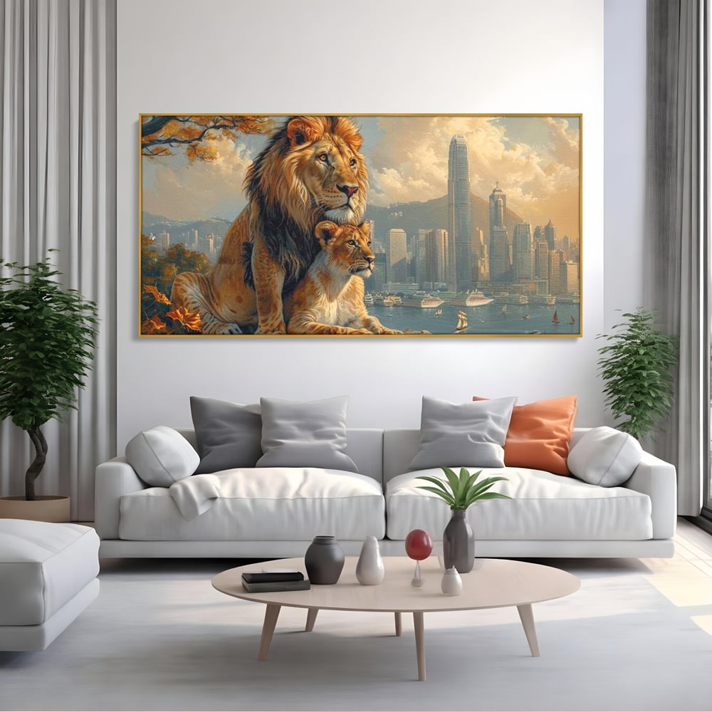 Tablou Canvas Premium, LuxCanva® M1389, Impreuna in Lumea Noua, Oras, Modern, Cladiri, Dualitate, Natura, Lei, Animale, Pereche, Arbori, Uniune, Birou, Living, Camera Copil