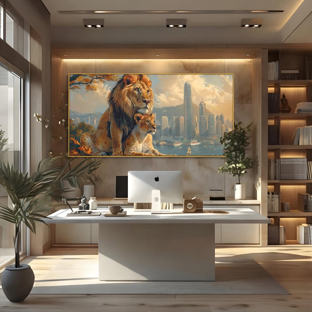 Tablou Canvas Premium, LuxCanva® M1389, Impreuna in Lumea Noua, Oras, Modern, Cladiri, Dualitate, Natura, Lei, Animale, Pereche, Arbori, Uniune, Birou, Living, Camera Copil
