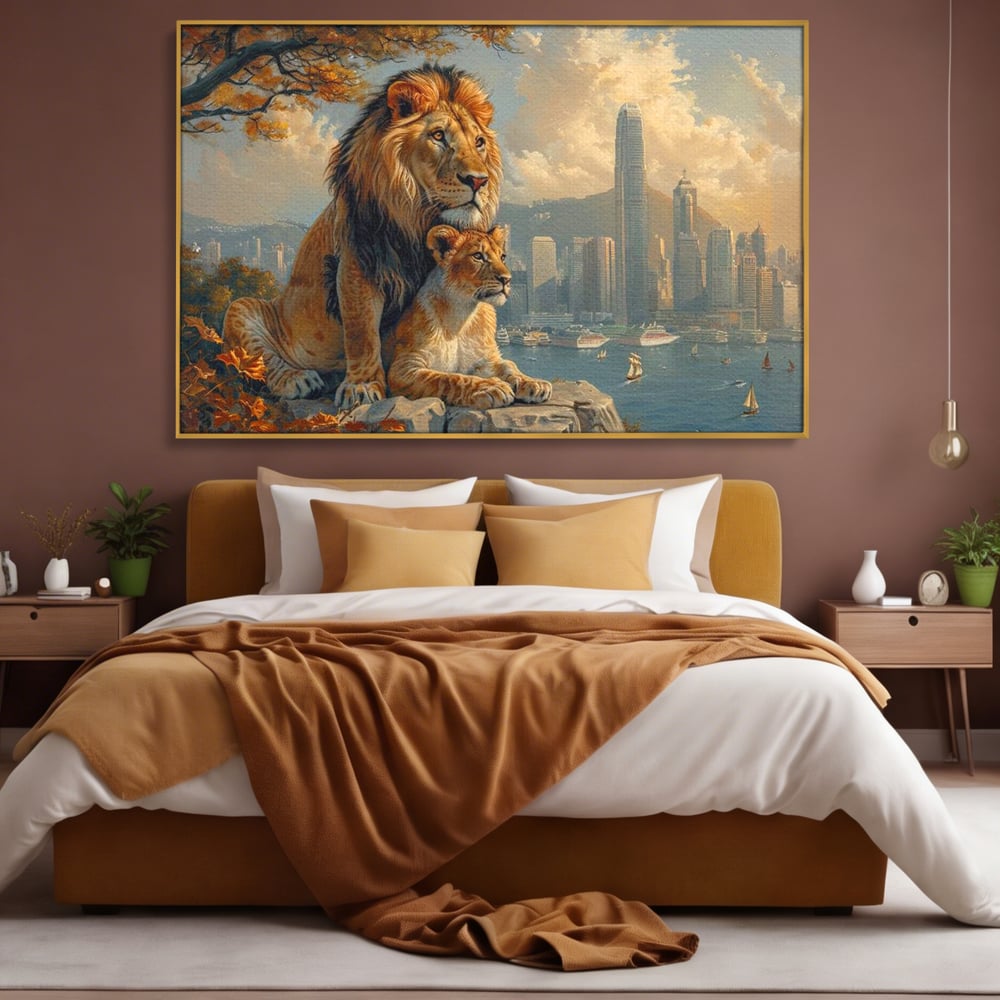 Tablou Canvas Premium, LuxCanva® M1389, Impreuna in Lumea Noua, Oras, Modern, Cladiri, Dualitate, Natura, Lei, Animale, Pereche, Arbori, Uniune, Birou, Living, Camera Copil