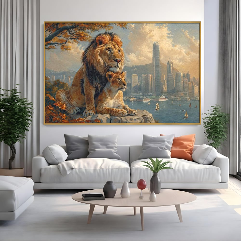 Tablou Canvas Premium, LuxCanva® M1389, Impreuna in Lumea Noua, Oras, Modern, Cladiri, Dualitate, Natura, Lei, Animale, Pereche, Arbori, Uniune, Birou, Living, Camera Copil