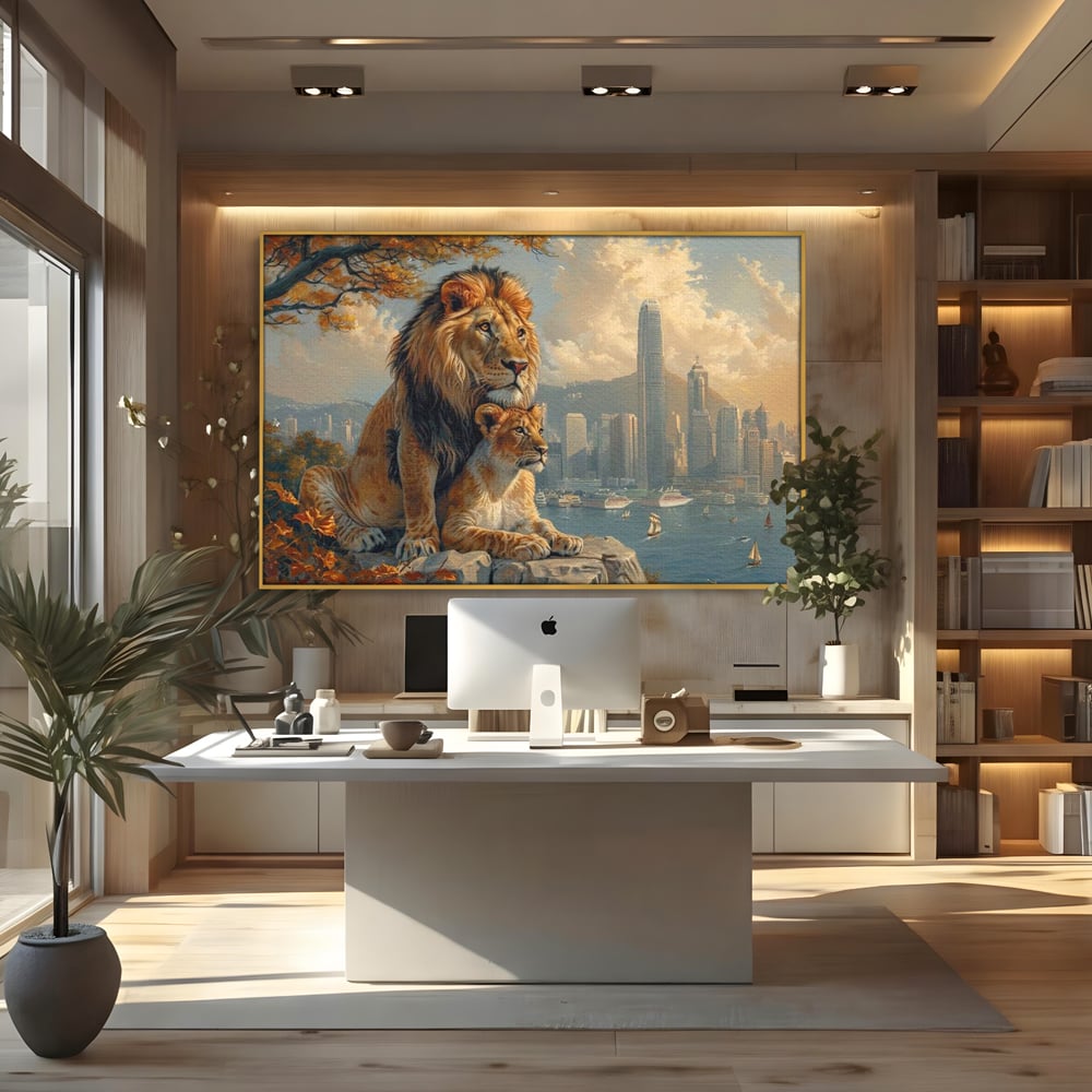 Tablou Canvas Premium, LuxCanva® M1389, Impreuna in Lumea Noua, Oras, Modern, Cladiri, Dualitate, Natura, Lei, Animale, Pereche, Arbori, Uniune, Birou, Living, Camera Copil