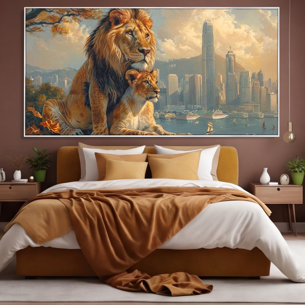 Tablou Canvas Premium, LuxCanva® M1389, Impreuna in Lumea Noua, Oras, Modern, Cladiri, Dualitate, Natura, Lei, Animale, Pereche, Arbori, Uniune, Birou, Living, Camera Copil