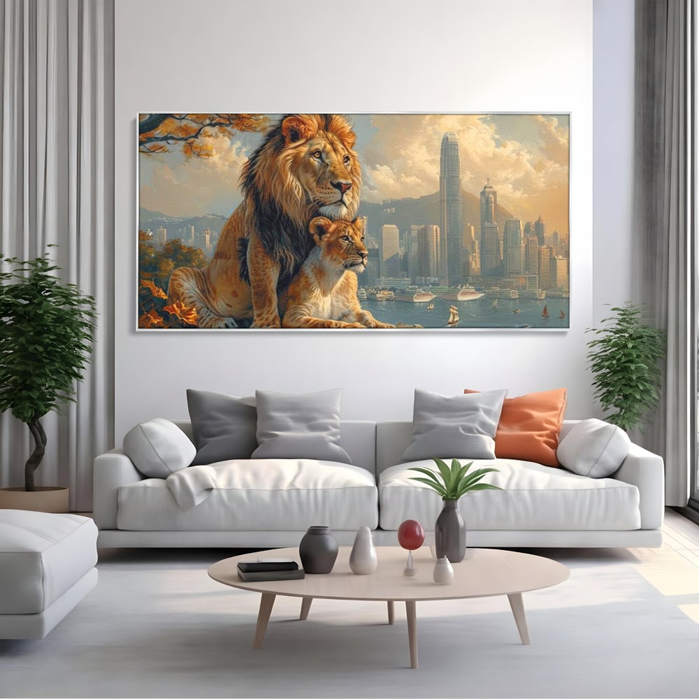 Tablou Canvas Premium, LuxCanva® M1389, Impreuna in Lumea Noua, Oras, Modern, Cladiri, Dualitate, Natura, Lei, Animale, Pereche, Arbori, Uniune, Birou, Living, Camera Copil