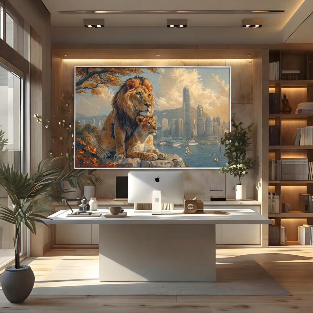 Tablou Canvas Premium, LuxCanva® M1389, Impreuna in Lumea Noua, Oras, Modern, Cladiri, Dualitate, Natura, Lei, Animale, Pereche, Arbori, Uniune, Birou, Living, Camera Copil