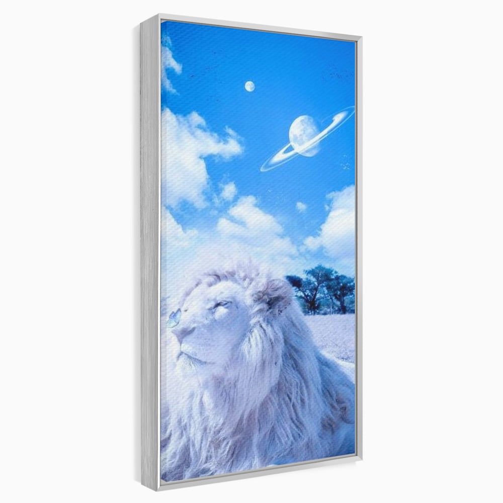 Leinwand Wandkunst Canvas Premium, LuxCanva® M1391, Wächter der Planeten, Löwe, Planeten, Mond, Saturn, Himmel, Klar, Licht, Pracht, Schmetterling, Savanne, Büro, Wohnen, Kinderzimmer