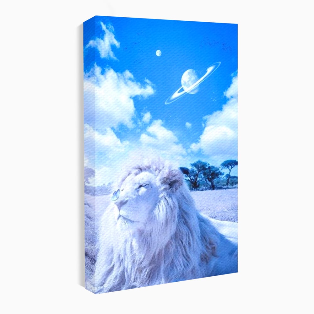 Leinwand Wandkunst Canvas Premium, LuxCanva® M1391, Wächter der Planeten, Löwe, Planeten, Mond, Saturn, Himmel, Klar, Licht, Pracht, Schmetterling, Savanne, Büro, Wohnen, Kinderzimmer