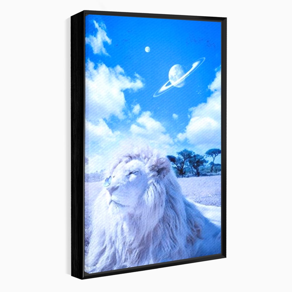 Leinwand Wandkunst Canvas Premium, LuxCanva® M1391, Wächter der Planeten, Löwe, Planeten, Mond, Saturn, Himmel, Klar, Licht, Pracht, Schmetterling, Savanne, Büro, Wohnen, Kinderzimmer