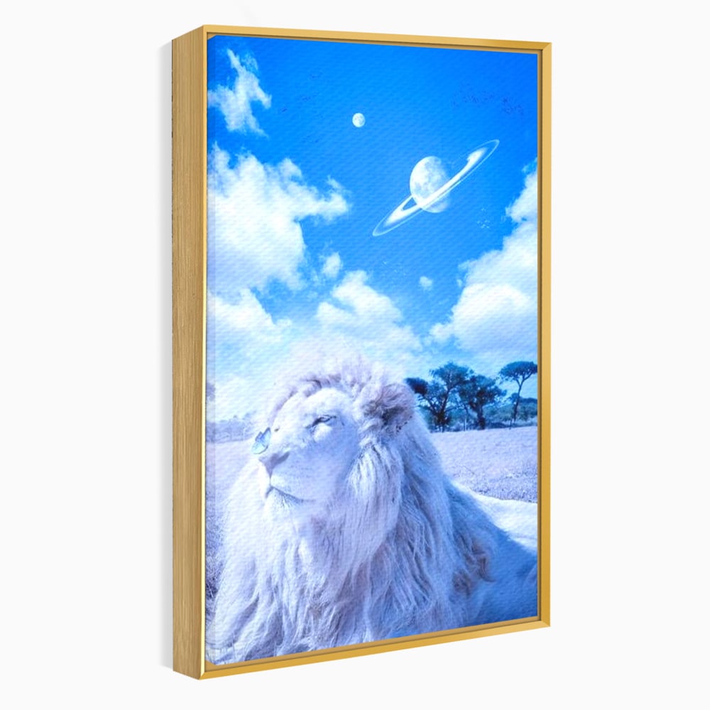 Leinwand Wandkunst Canvas Premium, LuxCanva® M1391, Wächter der Planeten, Löwe, Planeten, Mond, Saturn, Himmel, Klar, Licht, Pracht, Schmetterling, Savanne, Büro, Wohnen, Kinderzimmer