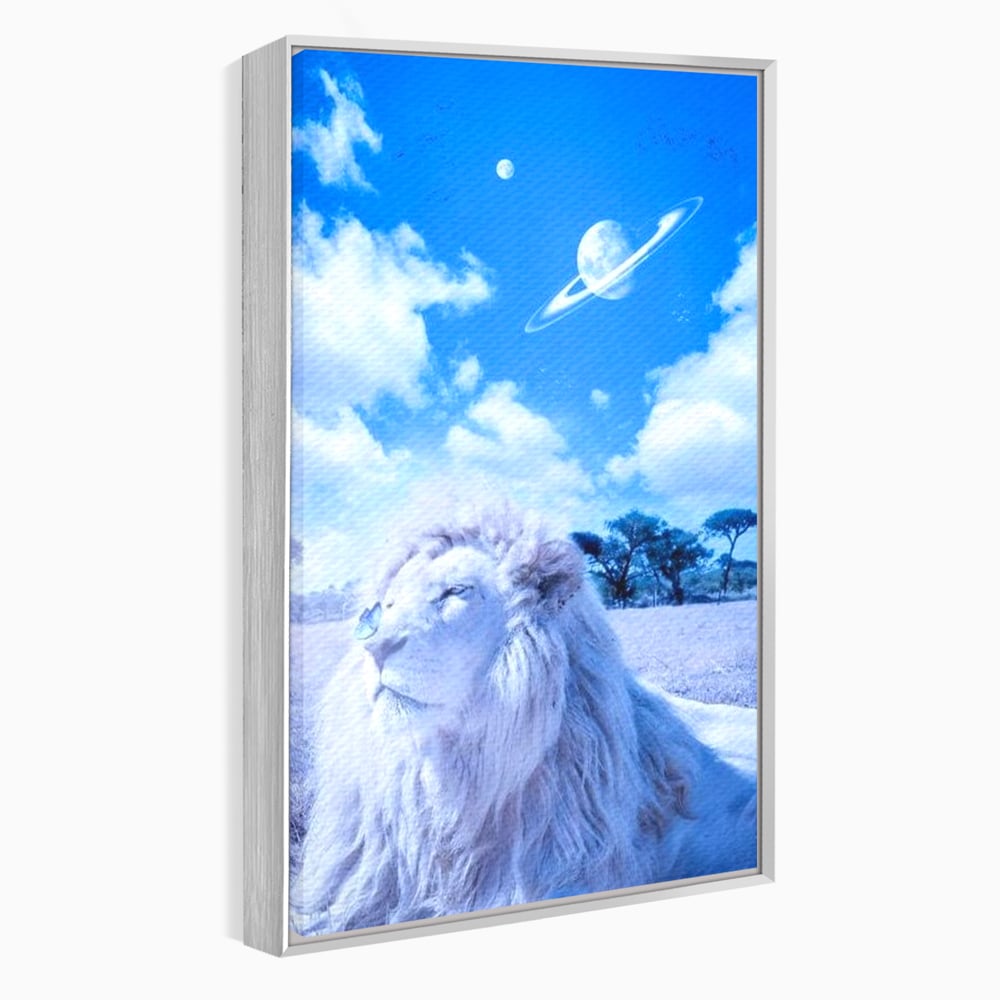 Leinwand Wandkunst Canvas Premium, LuxCanva® M1391, Wächter der Planeten, Löwe, Planeten, Mond, Saturn, Himmel, Klar, Licht, Pracht, Schmetterling, Savanne, Büro, Wohnen, Kinderzimmer