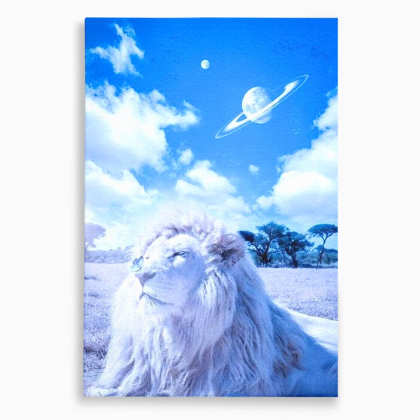 Leinwand Wandkunst Canvas Premium, LuxCanva® M1391, Wächter der Planeten, Löwe, Planeten, Mond, Saturn, Himmel, Klar, Licht, Pracht, Schmetterling, Savanne, Büro, Wohnen, Kinderzimmer