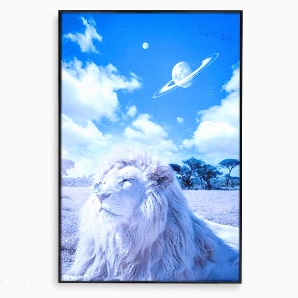 Leinwand Wandkunst Canvas Premium, LuxCanva® M1391, Wächter der Planeten, Löwe, Planeten, Mond, Saturn, Himmel, Klar, Licht, Pracht, Schmetterling, Savanne, Büro, Wohnen, Kinderzimmer