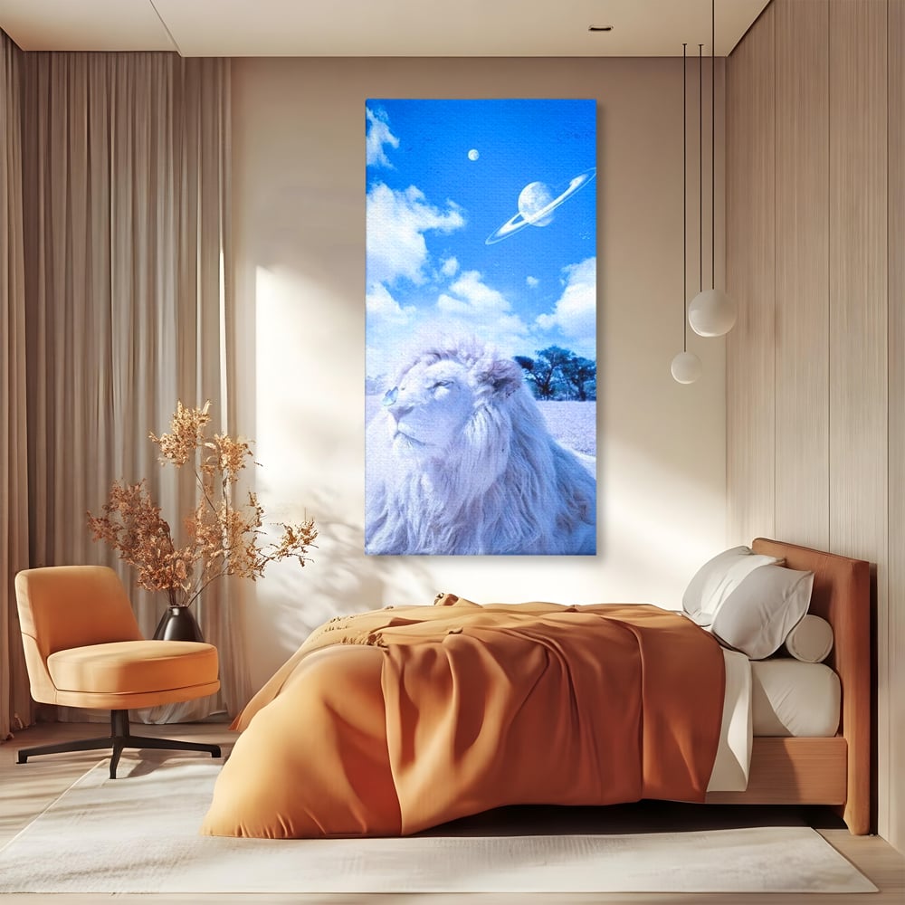 Leinwand Wandkunst Canvas Premium, LuxCanva® M1391, Wächter der Planeten, Löwe, Planeten, Mond, Saturn, Himmel, Klar, Licht, Pracht, Schmetterling, Savanne, Büro, Wohnen, Kinderzimmer