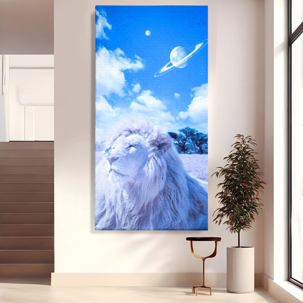Leinwand Wandkunst Canvas Premium, LuxCanva® M1391, Wächter der Planeten, Löwe, Planeten, Mond, Saturn, Himmel, Klar, Licht, Pracht, Schmetterling, Savanne, Büro, Wohnen, Kinderzimmer