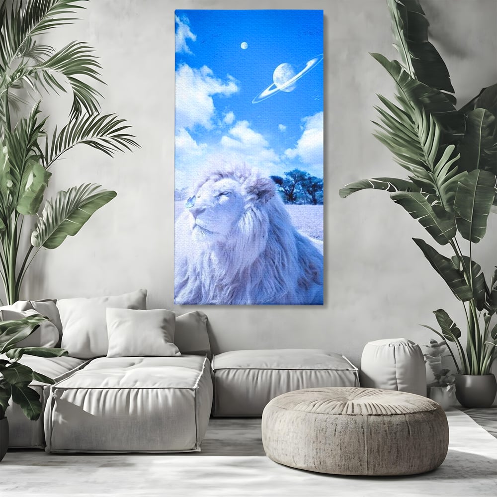 Leinwand Wandkunst Canvas Premium, LuxCanva® M1391, Wächter der Planeten, Löwe, Planeten, Mond, Saturn, Himmel, Klar, Licht, Pracht, Schmetterling, Savanne, Büro, Wohnen, Kinderzimmer
