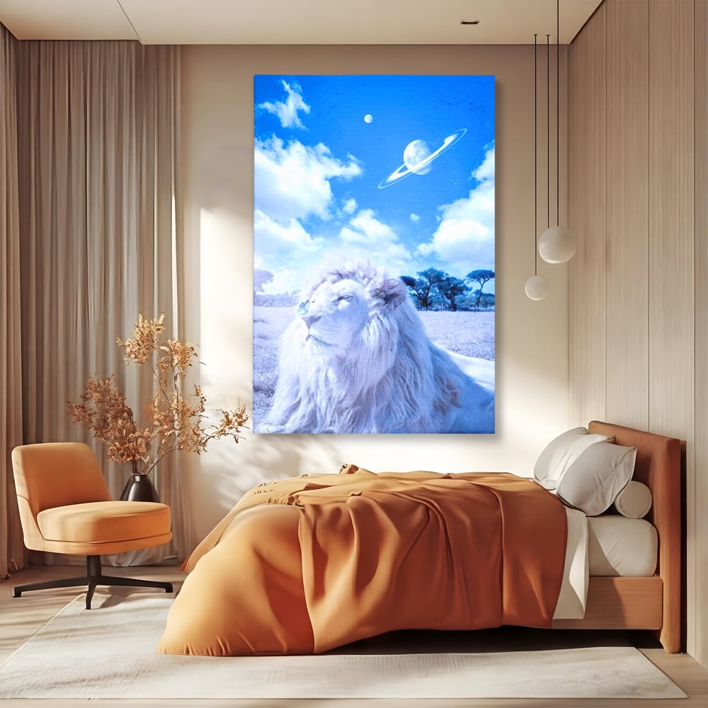 Leinwand Wandkunst Canvas Premium, LuxCanva® M1391, Wächter der Planeten, Löwe, Planeten, Mond, Saturn, Himmel, Klar, Licht, Pracht, Schmetterling, Savanne, Büro, Wohnen, Kinderzimmer