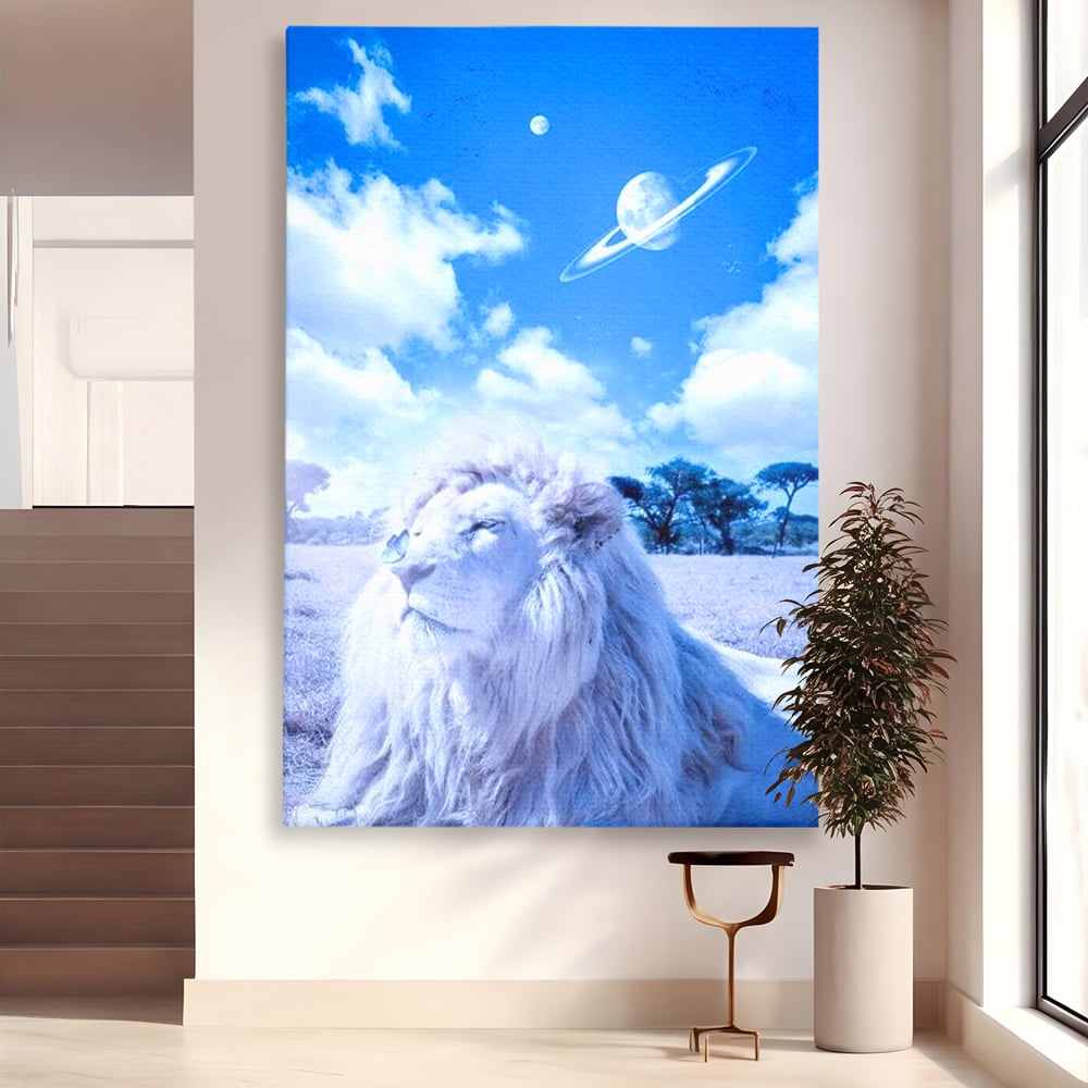 Leinwand Wandkunst Canvas Premium, LuxCanva® M1391, Wächter der Planeten, Löwe, Planeten, Mond, Saturn, Himmel, Klar, Licht, Pracht, Schmetterling, Savanne, Büro, Wohnen, Kinderzimmer