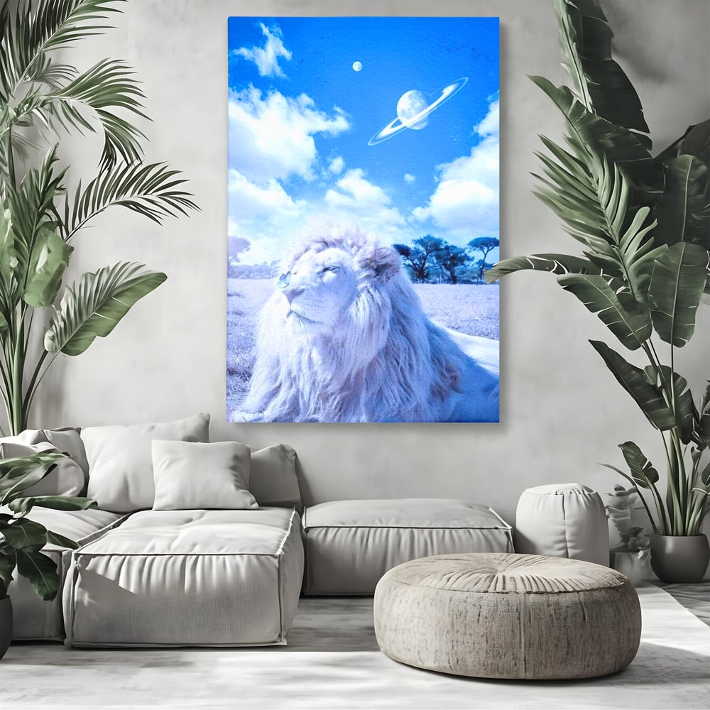 Leinwand Wandkunst Canvas Premium, LuxCanva® M1391, Wächter der Planeten, Löwe, Planeten, Mond, Saturn, Himmel, Klar, Licht, Pracht, Schmetterling, Savanne, Büro, Wohnen, Kinderzimmer