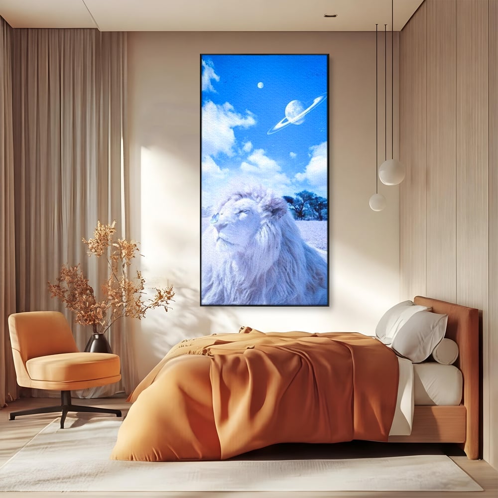 Leinwand Wandkunst Canvas Premium, LuxCanva® M1391, Wächter der Planeten, Löwe, Planeten, Mond, Saturn, Himmel, Klar, Licht, Pracht, Schmetterling, Savanne, Büro, Wohnen, Kinderzimmer