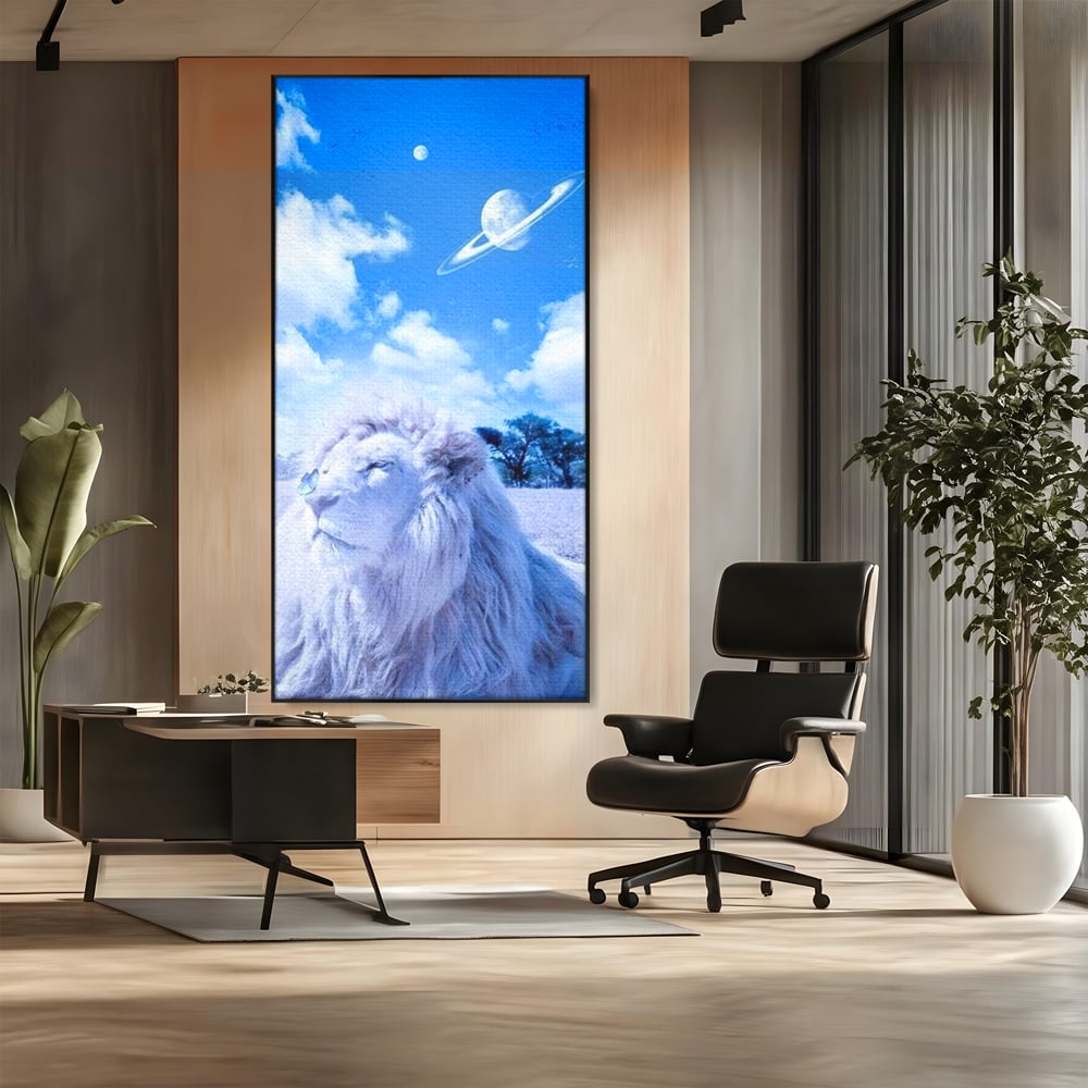 Leinwand Wandkunst Canvas Premium, LuxCanva® M1391, Wächter der Planeten, Löwe, Planeten, Mond, Saturn, Himmel, Klar, Licht, Pracht, Schmetterling, Savanne, Büro, Wohnen, Kinderzimmer