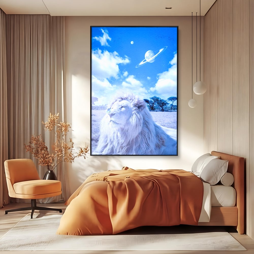 Leinwand Wandkunst Canvas Premium, LuxCanva® M1391, Wächter der Planeten, Löwe, Planeten, Mond, Saturn, Himmel, Klar, Licht, Pracht, Schmetterling, Savanne, Büro, Wohnen, Kinderzimmer