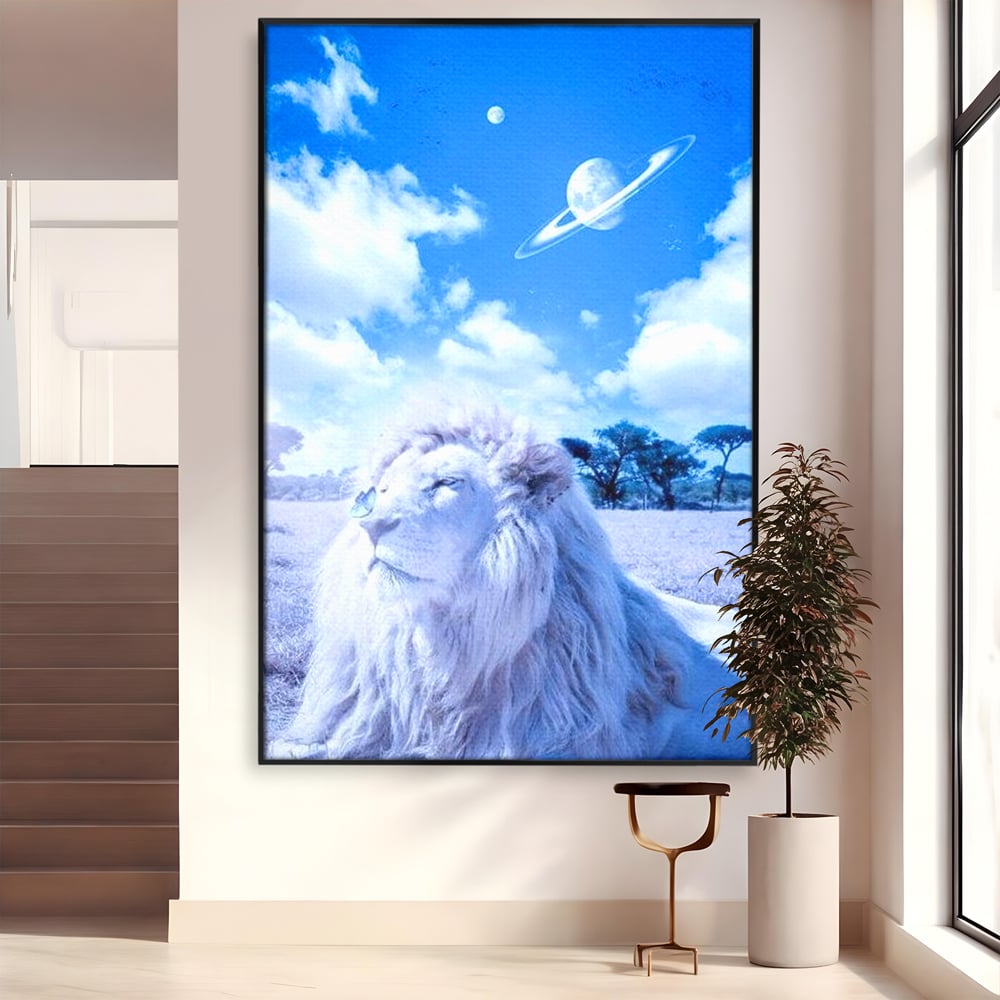 Leinwand Wandkunst Canvas Premium, LuxCanva® M1391, Wächter der Planeten, Löwe, Planeten, Mond, Saturn, Himmel, Klar, Licht, Pracht, Schmetterling, Savanne, Büro, Wohnen, Kinderzimmer