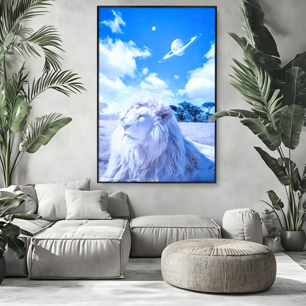 Leinwand Wandkunst Canvas Premium, LuxCanva® M1391, Wächter der Planeten, Löwe, Planeten, Mond, Saturn, Himmel, Klar, Licht, Pracht, Schmetterling, Savanne, Büro, Wohnen, Kinderzimmer