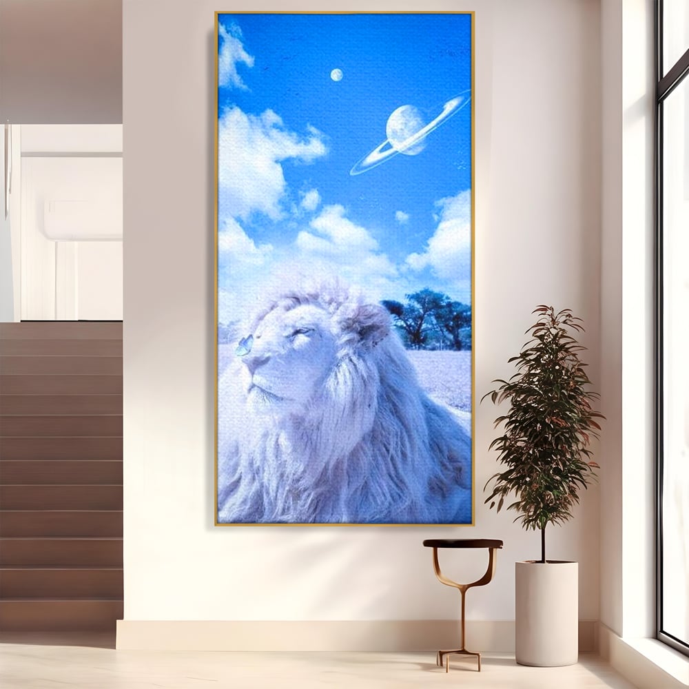 Leinwand Wandkunst Canvas Premium, LuxCanva® M1391, Wächter der Planeten, Löwe, Planeten, Mond, Saturn, Himmel, Klar, Licht, Pracht, Schmetterling, Savanne, Büro, Wohnen, Kinderzimmer