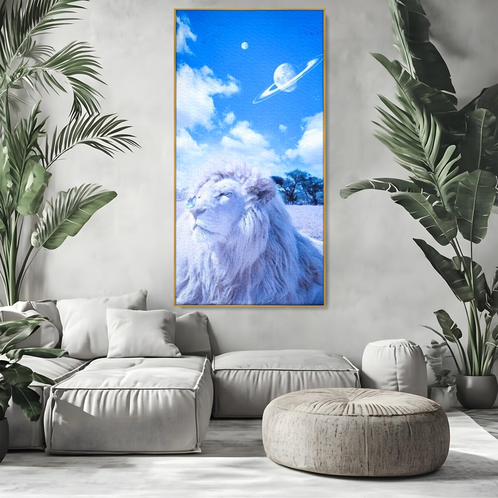 Leinwand Wandkunst Canvas Premium, LuxCanva® M1391, Wächter der Planeten, Löwe, Planeten, Mond, Saturn, Himmel, Klar, Licht, Pracht, Schmetterling, Savanne, Büro, Wohnen, Kinderzimmer
