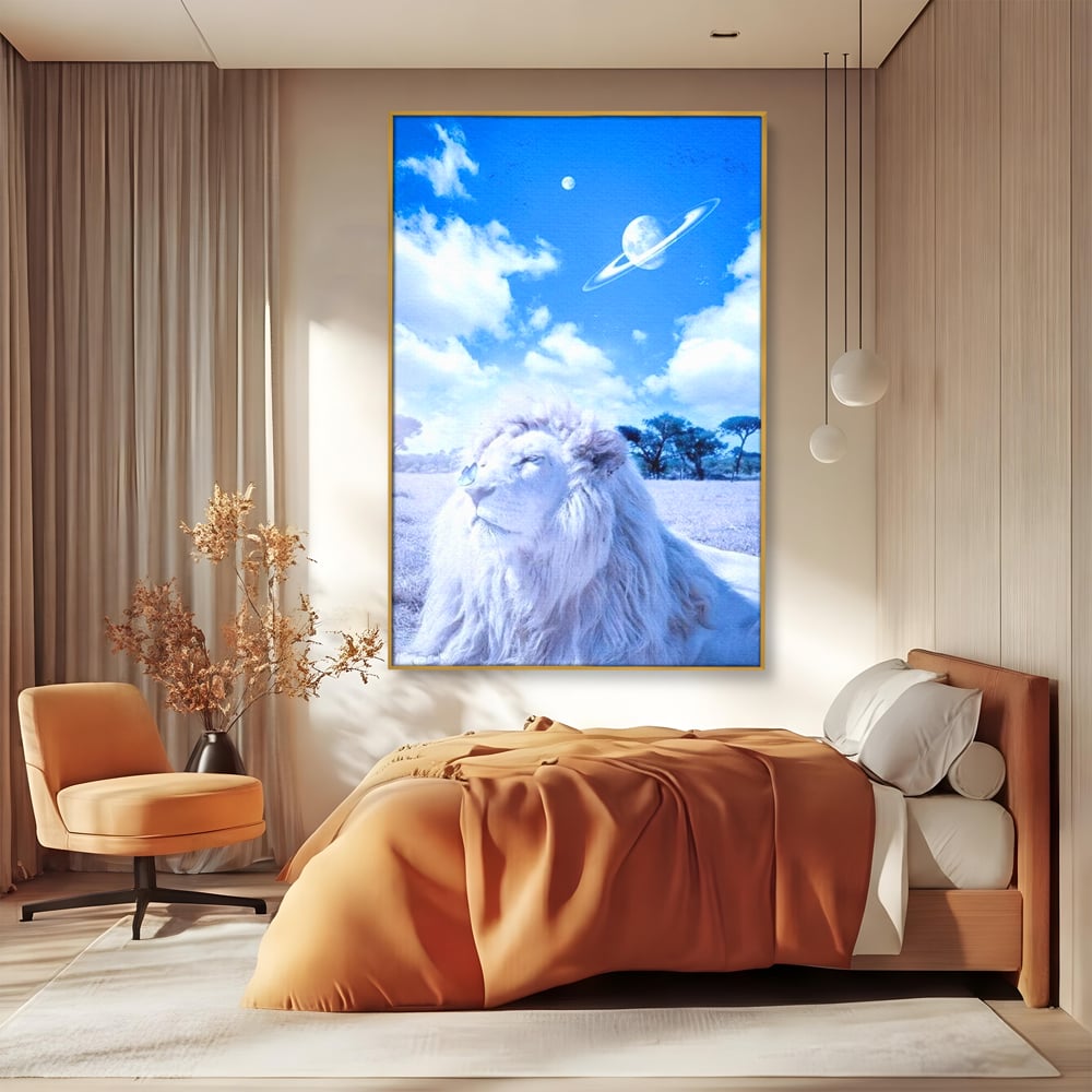 Leinwand Wandkunst Canvas Premium, LuxCanva® M1391, Wächter der Planeten, Löwe, Planeten, Mond, Saturn, Himmel, Klar, Licht, Pracht, Schmetterling, Savanne, Büro, Wohnen, Kinderzimmer