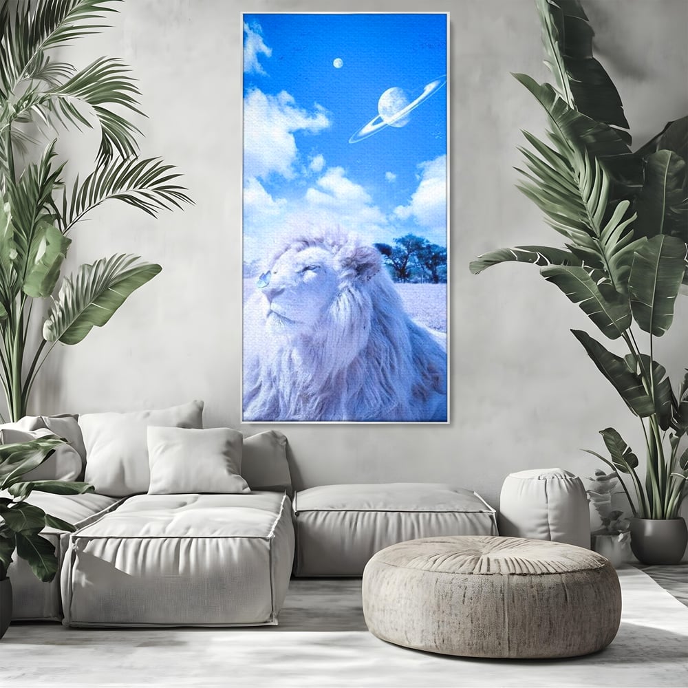 Leinwand Wandkunst Canvas Premium, LuxCanva® M1391, Wächter der Planeten, Löwe, Planeten, Mond, Saturn, Himmel, Klar, Licht, Pracht, Schmetterling, Savanne, Büro, Wohnen, Kinderzimmer
