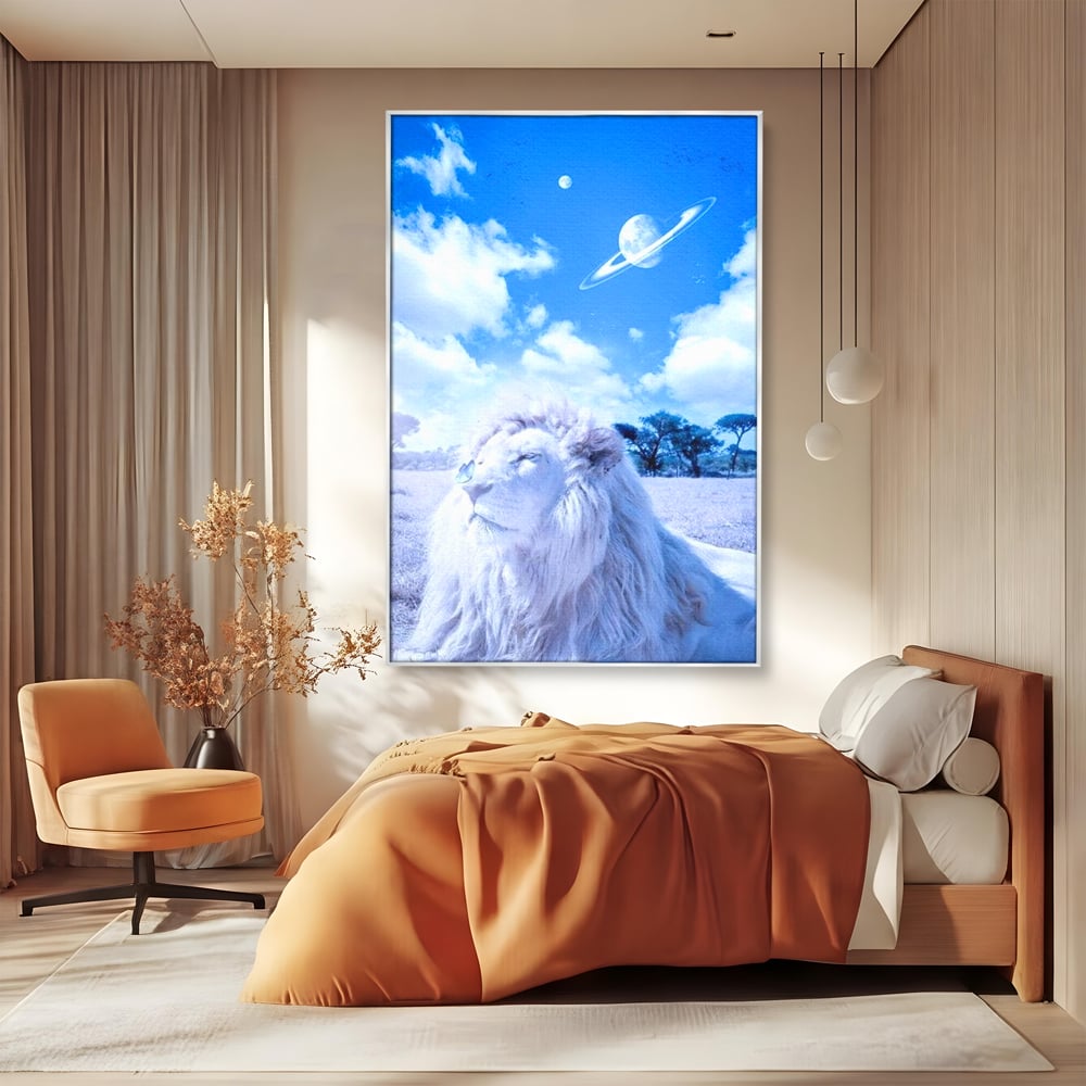 Leinwand Wandkunst Canvas Premium, LuxCanva® M1391, Wächter der Planeten, Löwe, Planeten, Mond, Saturn, Himmel, Klar, Licht, Pracht, Schmetterling, Savanne, Büro, Wohnen, Kinderzimmer
