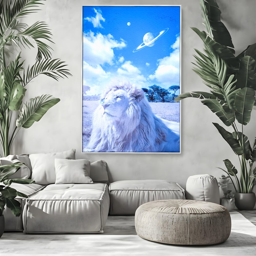 Leinwand Wandkunst Canvas Premium, LuxCanva® M1391, Wächter der Planeten, Löwe, Planeten, Mond, Saturn, Himmel, Klar, Licht, Pracht, Schmetterling, Savanne, Büro, Wohnen, Kinderzimmer