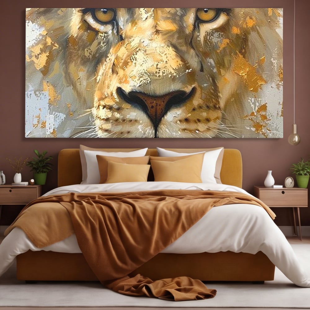 Leinwandbilder Premium, LuxCanva® M1392, Königlicher Fußabdruck, König des Dschungels, Löwe, Tier, Wild, Gold, Luxus, Modern, Modern, Kraftvoll, Elegant, Blickfang, Büro, Wohnen, Kinderzimmer