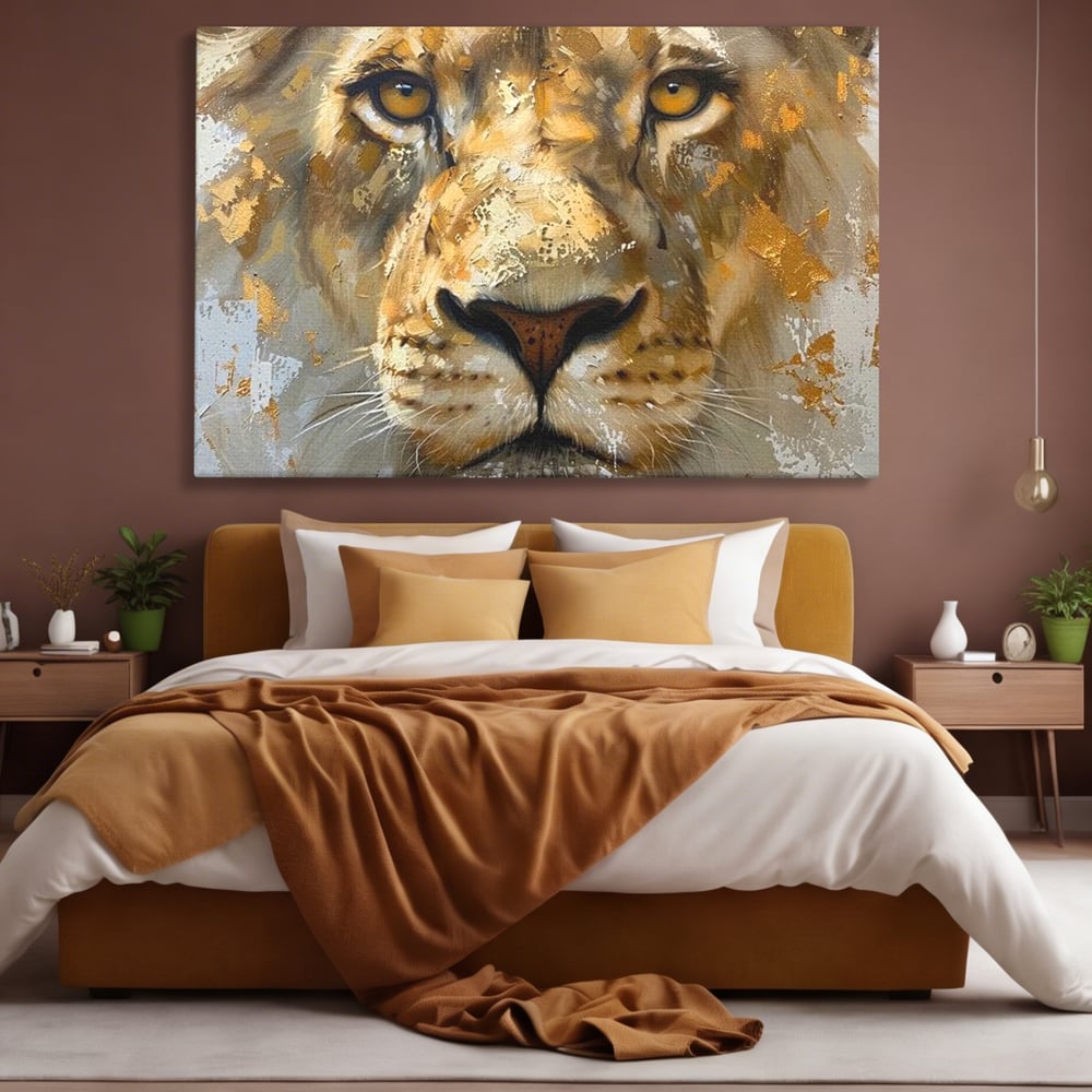 Leinwandbilder Premium, LuxCanva® M1392, Königlicher Fußabdruck, König des Dschungels, Löwe, Tier, Wild, Gold, Luxus, Modern, Modern, Kraftvoll, Elegant, Blickfang, Büro, Wohnen, Kinderzimmer