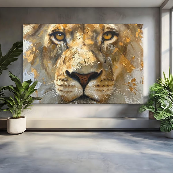 Leinwandbilder Premium, LuxCanva® M1392, Königlicher Fußabdruck, König des Dschungels, Löwe, Tier, Wild, Gold, Luxus, Modern, Modern, Kraftvoll, Elegant, Blickfang, Büro, Wohnen, Kinderzimmer