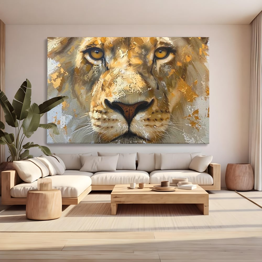 Leinwandbilder Premium, LuxCanva® M1392, Königlicher Fußabdruck, König des Dschungels, Löwe, Tier, Wild, Gold, Luxus, Modern, Modern, Kraftvoll, Elegant, Blickfang, Büro, Wohnen, Kinderzimmer