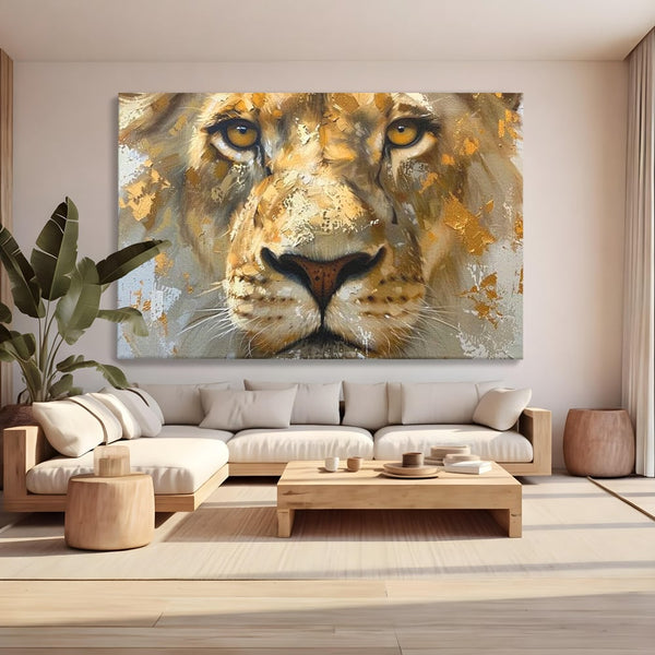 Leinwandbilder Premium, LuxCanva® M1392, Königlicher Fußabdruck, König des Dschungels, Löwe, Tier, Wild, Gold, Luxus, Modern, Modern, Kraftvoll, Elegant, Blickfang, Büro, Wohnen, Kinderzimmer