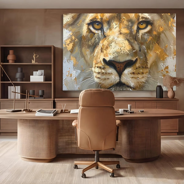 Leinwandbilder Premium, LuxCanva® M1392, Königlicher Fußabdruck, König des Dschungels, Löwe, Tier, Wild, Gold, Luxus, Modern, Modern, Kraftvoll, Elegant, Blickfang, Büro, Wohnen, Kinderzimmer