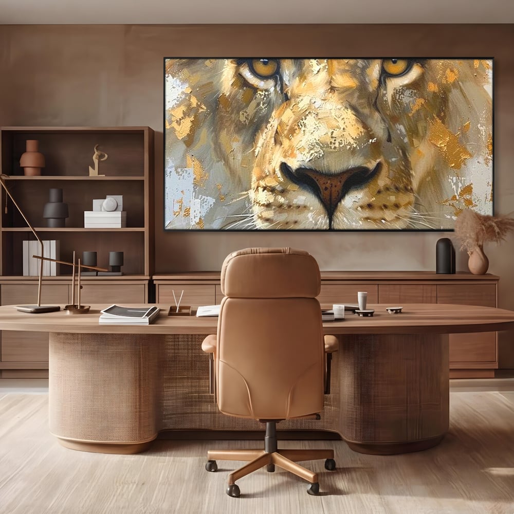 Leinwandbilder Premium, LuxCanva® M1392, Königlicher Fußabdruck, König des Dschungels, Löwe, Tier, Wild, Gold, Luxus, Modern, Modern, Kraftvoll, Elegant, Blickfang, Büro, Wohnen, Kinderzimmer