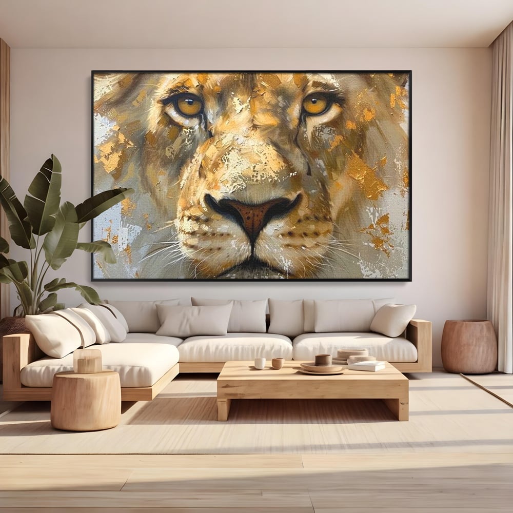 Leinwandbilder Premium, LuxCanva® M1392, Königlicher Fußabdruck, König des Dschungels, Löwe, Tier, Wild, Gold, Luxus, Modern, Modern, Kraftvoll, Elegant, Blickfang, Büro, Wohnen, Kinderzimmer