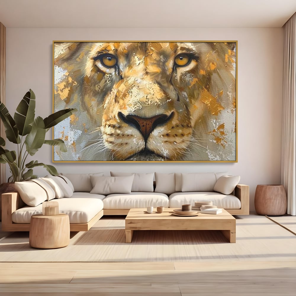 Leinwandbilder Premium, LuxCanva® M1392, Königlicher Fußabdruck, König des Dschungels, Löwe, Tier, Wild, Gold, Luxus, Modern, Modern, Kraftvoll, Elegant, Blickfang, Büro, Wohnen, Kinderzimmer